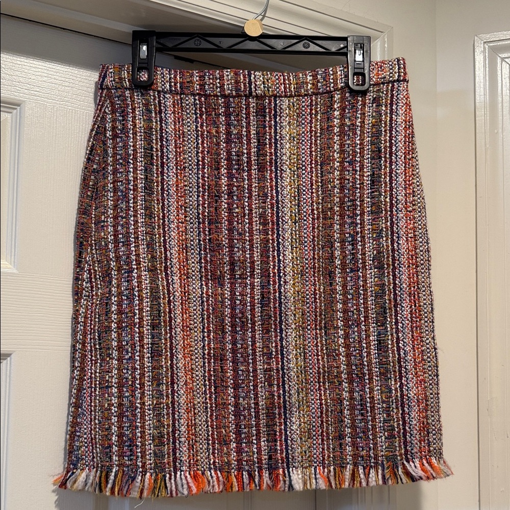 NWT Colorful Summer Dinner Plaid Tweed Fringe Hem Lined Tailored Slim Skirt 6